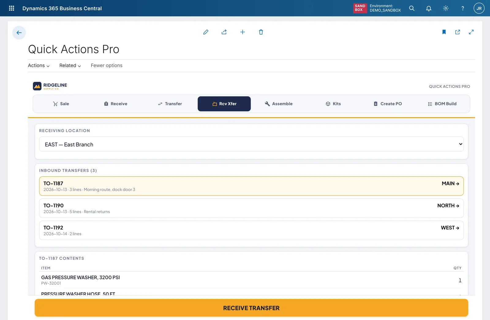 Receive transfer screen: the East Branch sees three inbound transfers with their source location and line count, the selected transfer's contents, and one Receive transfer button.