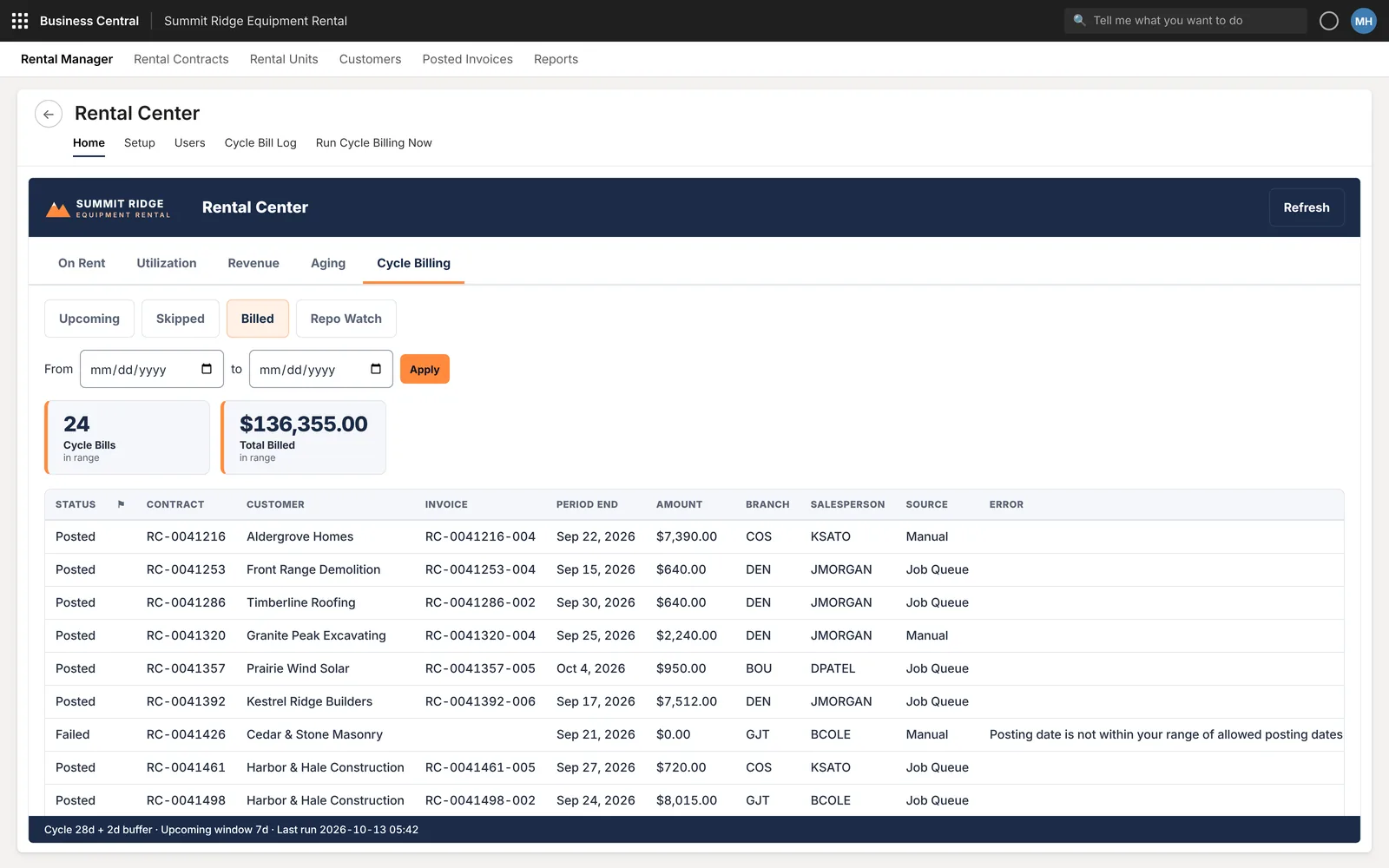 Billed log, close up: invoice amounts, branch, salesperson and source per bill, and a failed posting with its error message on the line.