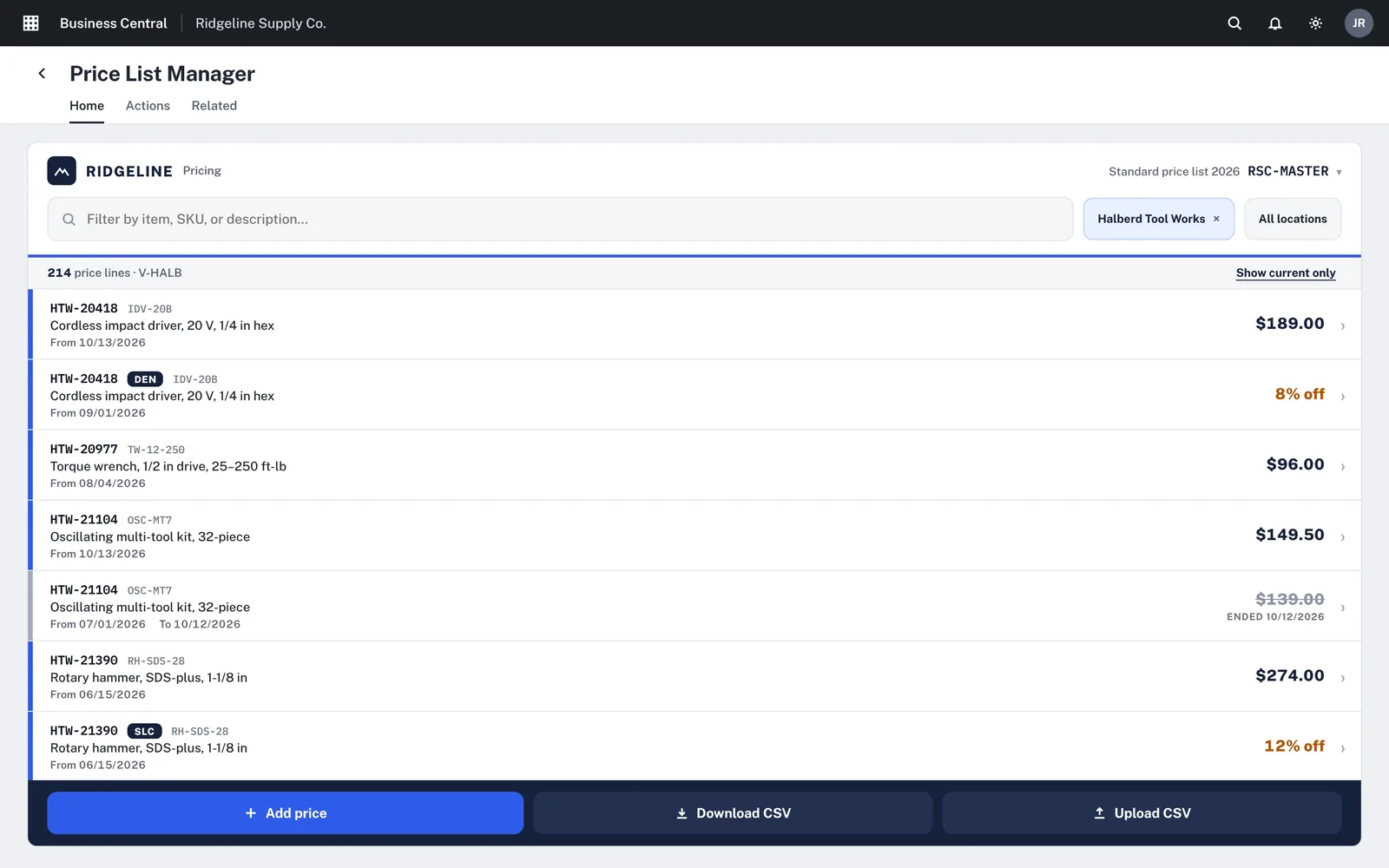 Price list, close up: current prices, branch discounts and an ended line, with Download CSV and Upload CSV.