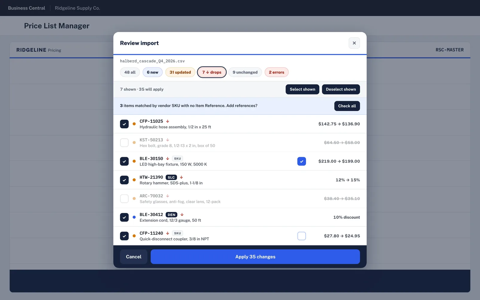 Price list import review showing new, updated, dropped and error lines before anything is applied