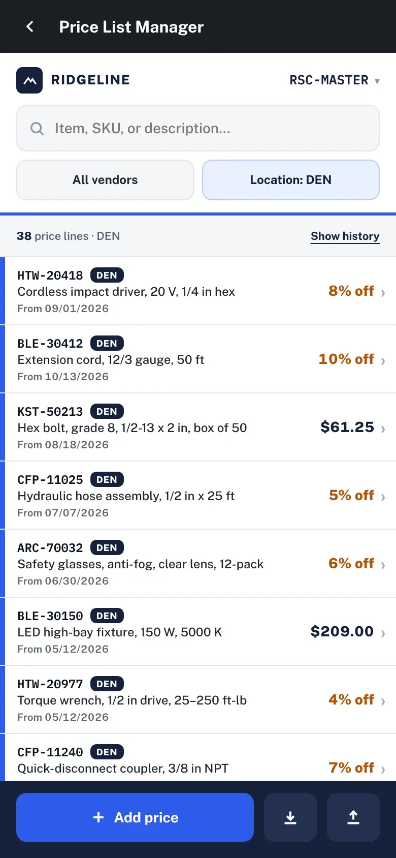 Price list on a phone, filtered to one branch: each item with its current price or discount and start date, and an Add price button.