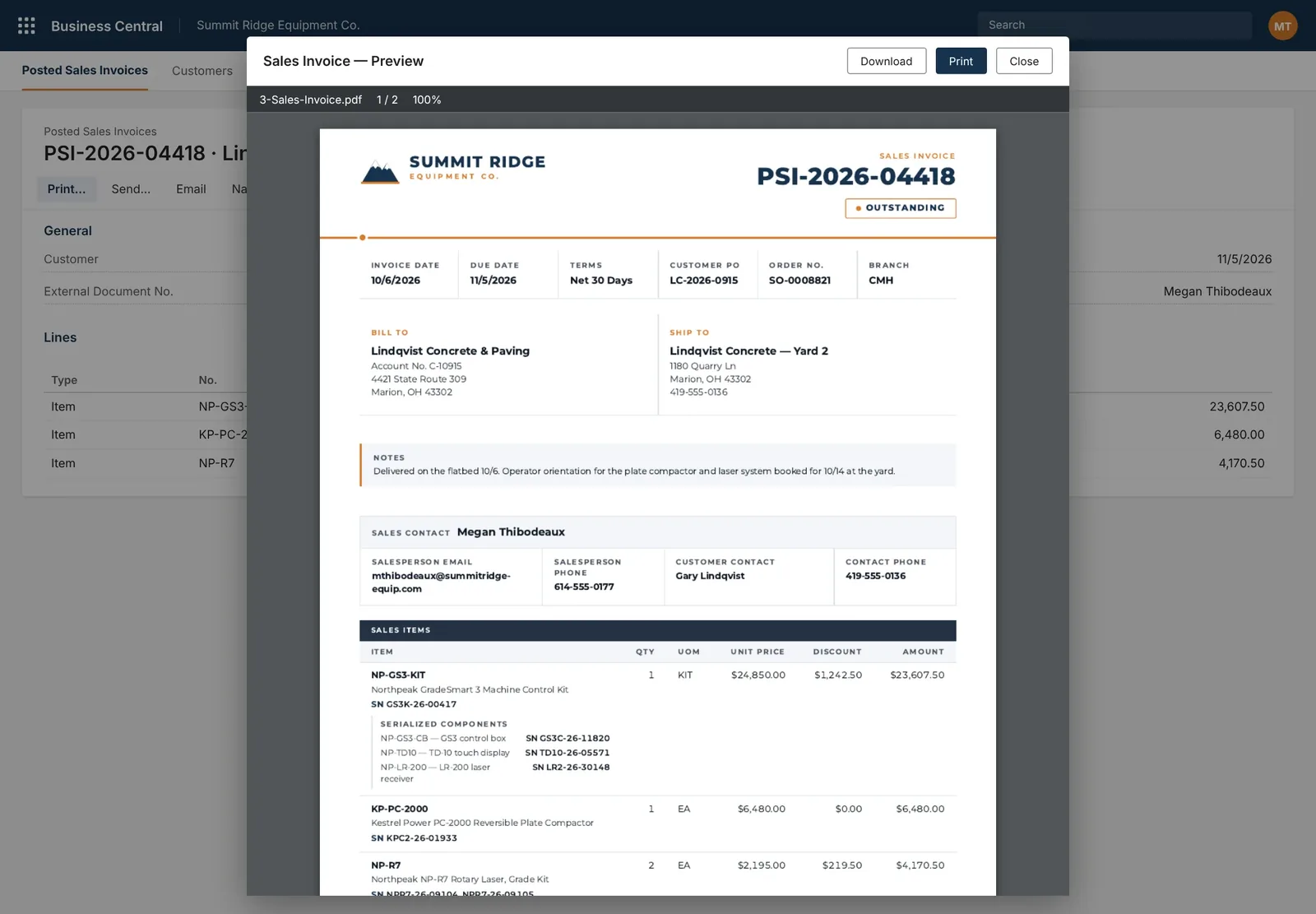Sales invoice preview, close up: the sales contact, then a kit line with its serialized components and their serial numbers listed under it.