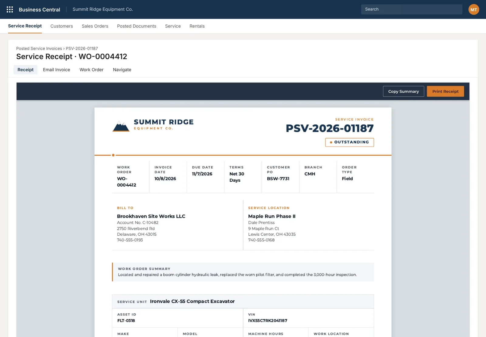Service receipt viewer, close up: Copy summary and Print receipt buttons above the branded service invoice on the posted invoice page.