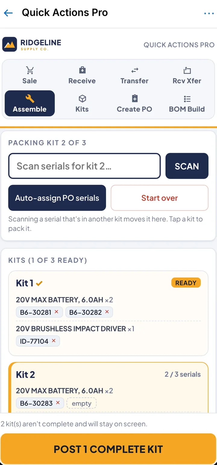 Assemble tab on a phone: scan component serials into kits and post the kits that are complete.