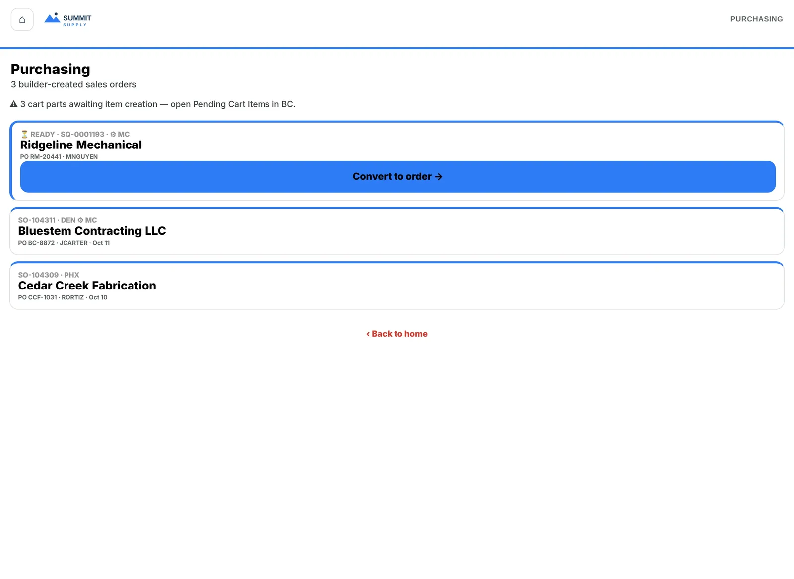 Purchasing, close up: sales orders created by the builder, with a Convert to order button on the one that's ready.