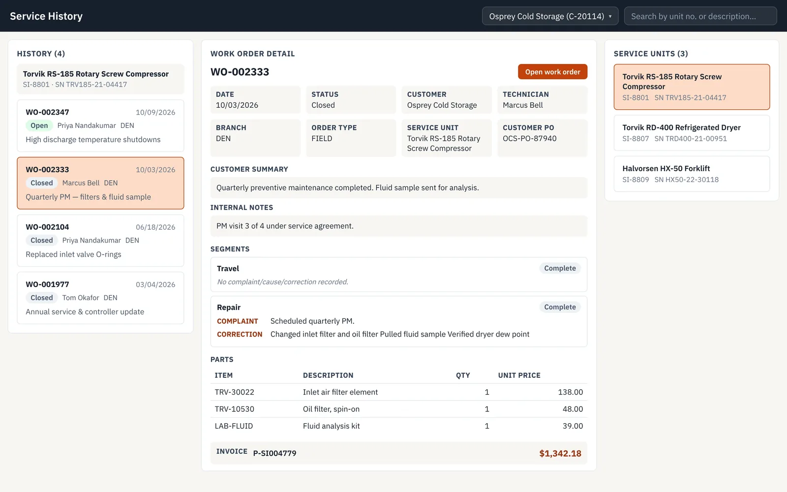 Service history, close up: the detail of one past work order with status, technician, customer summary and segments.